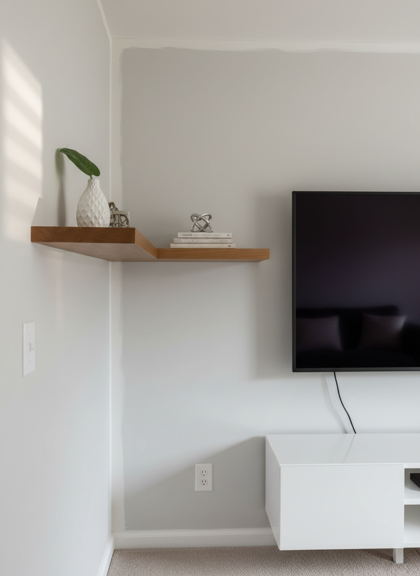 A bright Knoxville living room corner showcasing completed handyman carpentry and mounting projects. A sturdy, floating wooden shelf with a smooth, natural oak finish is perfectly leveled on a freshly patched and painted light-gray wall, holding a few simple decorative objects without clutter. Below it, a newly installed white electrical outlet and wall plate sit perfectly flush and aligned. In the background, a securely mounted flat-screen TV hangs centered above a low media console, all cables hidden for a clean look. Soft, diffused afternoon light enters through a nearby window, casting subtle, realistic shadows that emphasize straight lines and clean surfaces. Photographic realism, framed using the rule of thirds, creates a calm, orderly, and professional atmosphere that visually communicates precise honey-do list completion.