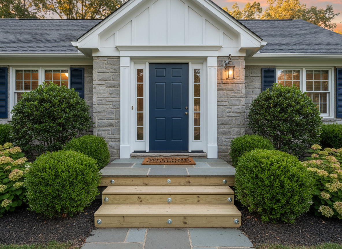A freshly maintained Knoxville suburban home exterior with a tidy front porch, showcasing the results of professional handyman work. The white trim around the navy-blue front door looks newly caulked and painted, with crisp, clean edges and no drips. A repaired wooden step with new, smooth boards and clean galvanized screws sits in the foreground. Lush green shrubs border the front walk, and a new brushed-nickel porch light is firmly mounted beside the door. Captured in soft late-afternoon natural light with warm, realistic tones, the photographic image is framed in a slightly elevated, wide-angle composition, emphasizing the whole entryway. The mood is welcoming, secure, and well-cared-for, conveying complete, high-quality home maintenance.
