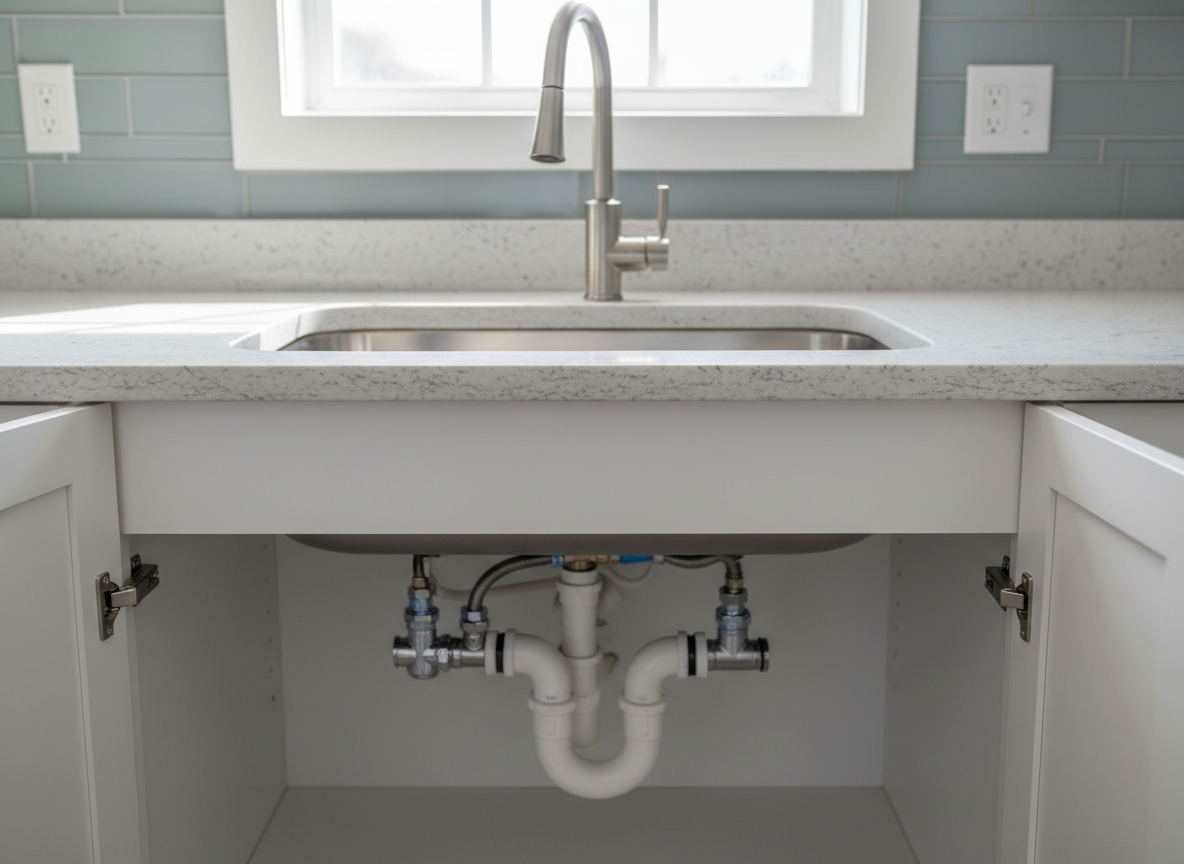 A spotless, newly repaired kitchen sink area in a Knoxville home, emphasizing finished handyman plumbing work. A deep stainless-steel undermount sink sits in a speckled quartz countertop, with a modern brushed nickel faucet perfectly centered and firmly installed. Under-sink cabinet doors stand ajar to reveal neatly organized plumbing lines, new shiny shutoff valves, and clean white PVC pipes with tight, precise joints. Daylight streams through a nearby window, reflecting softly off the metal surfaces and creating gentle, realistic shadows under the countertop. Photographic realism at an eye-level angle focuses sharply on the faucet and plumbing area, while the tiled backsplash softly blurs behind. The mood is calm, clean, and professional, highlighting reliable repair work and long-term peace of mind for homeowners.