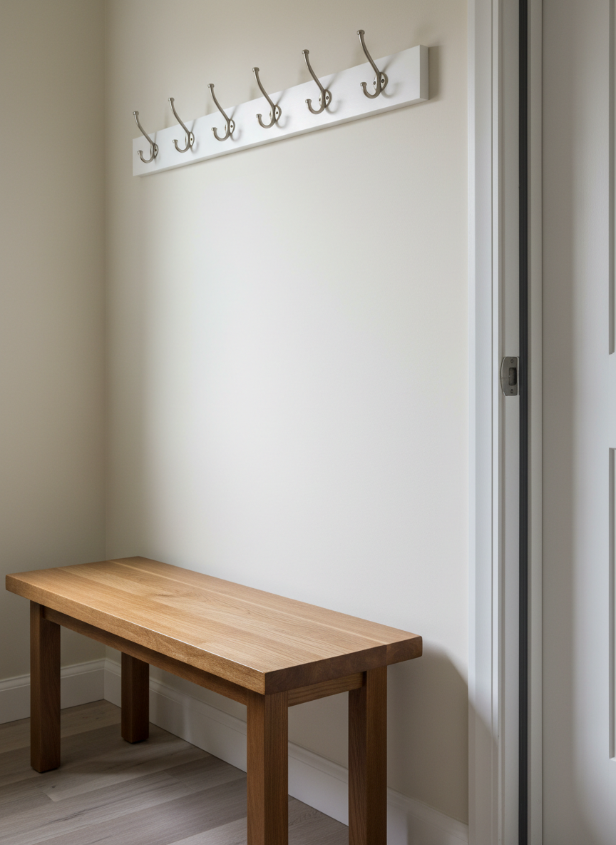 A neatly organized “honey-do list” project area in a Knoxville home mudroom, shown through completed results instead of paper or text. A small wooden bench with freshly tightened legs and a smooth, refinished top sits against a clean, patched, and painted wall. Above, a row of perfectly aligned, secure coat hooks is mounted to a white wooden rail, ready for use. To the side, a door frame shows newly installed weatherstripping, tightly sealing the edge. Natural daylight gently fills the space from an unseen window, creating soft, realistic shadows under the bench and hooks. Photographic realism, with a slightly elevated angle and clear focus, keeps the mood calm, efficient, and organized, subtly conveying that a long list of small home tasks has been professionally completed.