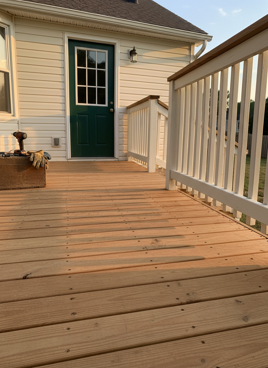 A Knoxville backyard deck scene highlighting handyman maintenance and repair services. The focus is on a freshly repaired section of wooden deck boards, their warm cedar tones sanded smooth and evenly spaced with clean screw heads flush to the surface. A sturdy, newly tightened railing runs along the edge, with vertical balusters perfectly aligned. In the background, a well-maintained vinyl siding exterior and a secure, weather-stripped back door reinforce the sense of a cared-for home. Soft golden-hour sunlight washes across the deck, enriching the wood grain and casting long, gentle shadows between the boards. Photographic realism with a slightly low, angled perspective emphasizes the texture and craftsmanship, creating a confident, secure, and inviting atmosphere ideal for showcasing outdoor home repair work.
